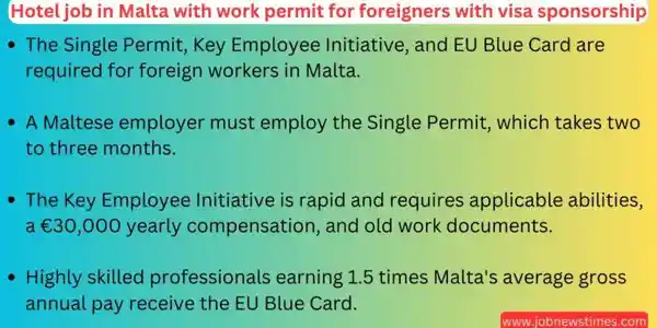 Hotel job in Malta with work permit for foreigners with visa sponsorship 